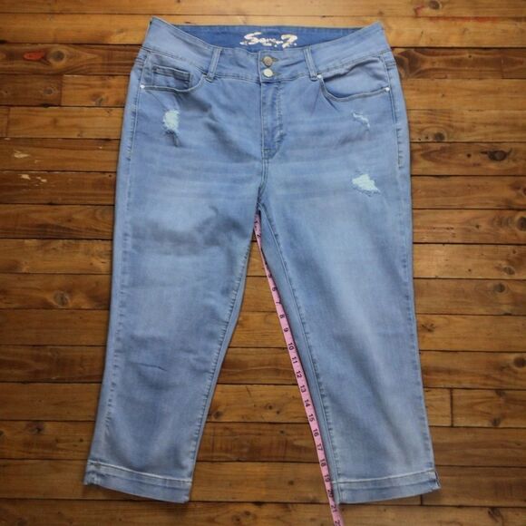 SEVEN 7 tummyless pedal pusher pants powder blue jeans crop distressed denim 14W - Picture 8 of 12